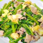 空芯菜と豚バラ肉、卵のオイスター炒め