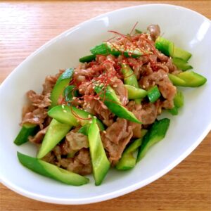 きゅうりと牛肉の甘辛炒め